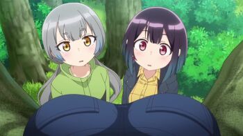 3girls animated anime_screenshot ass ass_shake bad_girl_(manga) dress gradient_hair highres huge_ass multicolored_hair multiple_girls outfits pulling pushing ruriha_rura shaking sound stuck_in_a_tree suzukaze_suzu tagme video yuutani_yuu