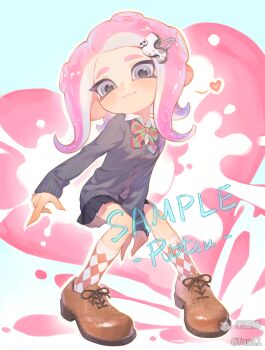 1girl :3 absurdres argyle_clothes argyle_socks black_skirt bow bowtie brown_shoes brown_socks cardigan closed_mouth collared_shirt fingernails full_body green_bow green_bowtie grey_cardigan grey_eyes hair_ornament hairclip highres invisible_chair kneehighs long_sleeves looking_at_viewer medium_hair mihuashi_506932 mihuashi_logo miniskirt nintendo octoling octoling_girl octoling_player_character parted_bangs pink_bow pink_bowtie pink_hair pleated_skirt sample_watermark school_uniform sharp_fingernails shirt shoes sitting skirt smile socks solo splatoon_(series) striped_bow striped_bowtie striped_clothes tentacle_hair two-tone_bow two-tone_bowtie two-tone_socks watermark white_shirt white_socks