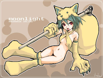 1girl 2000s_(style) akiyama_nenehisa alternate_hair_color animal_hands bell bottomless bra breasts brown_background character_name commentary_request copyright_name criss-cross_halter fox_girl fox_hat full_body grey_hair halterneck holding holding_staff looking_at_viewer moonlight_flower no_panties oekaki open_mouth ragnarok_online red_eyes short_hair small_breasts solo staff underwear yellow_bra