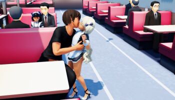 2girls 3d age_difference animated animated_gif artist_request black_hair blonde_hair blush diner flat_chest hetero high_heels kiss loli maid maid_headdress miniskirt multiple_boys multiple_girls ponchi restaurant restrained skirt tagme thighs twintails waitress