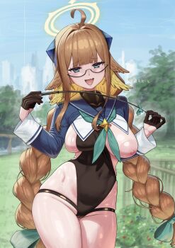 1girl absurdres ahoge areola_slip black_gloves black_leotard blue_archive blue_eyes blue_shrug blush braid breasts cameltoe covered_navel feather_hair glasses gloves half_gloves halo highleg highleg_leotard highres large_breasts leotard long_hair long_sleeves looking_at_viewer low_twin_braids maruko_tooto nipples one_breast_out open_mouth orange_hair riding_crop shimiko_(blue_archive) shimiko_(magical)_(blue_archive) shrug_(clothing) smile solo twin_braids variant_set very_long_hair
