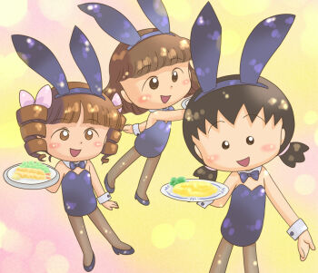 3girls animal_ears black_bow black_bowtie black_eyes black_hair black_leotard black_shoes blush bow bowtie brown_eyes brown_hair brown_pantyhose bubble_background chibi_maruko-chan detached_collar drill_hair fake_animal_ears flat_chest food hair_bow high_heels holding holding_plate jougasaki_himeko leotard lettuce loli long_hair looking_at_viewer low_twintails multiple_girls omelet open_mouth pantyhose pink_background pink_bow plate playboy_bunny rabbit_ears sakura_sakiko sasayama_kazuko shoes short_hair shrimp shrimp_tempura smile standing tempura twin_drills twintails two-tone_background waitress wrist_cuffs yamanokonza yellow_background