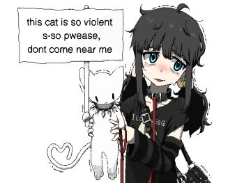 1girl aiu404l animal animal_collar arm_warmers artist_self-insert averting_eyes black_arm_warmers black_bag black_hair black_shirt blue_eyes cat collar egg_(aiu404l) egg_hair_ornament english_text facing_viewer food-themed_hair_ornament goth_fashion hair_ornament holding holding_animal holding_cat holding_sign jaggy_lines leash low_twintails open_mouth original shirt short_sleeves sidelocks sign simple_background solo spiked_collar spikes t-shirt twintails upper_body white_background white_cat