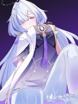 1girl badge breasts colored_eyelashes crystal_shards dress earrings from_below gradient_clothes gradient_dress hair_ornament hair_over_one_eye halo highres jacket jewelry looking_at_viewer mizuki35210 mornye_(wuthering_waves) parted_lips prosthesis prosthetic_leg purple_dress red_eyes ring solo tacet_mark_(wuthering_waves) toes triangle_earrings white_halo white_jacket wuthering_waves