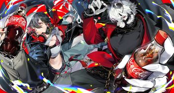 1boy 1girl bottle breasts cleavage coca-cola crop_top drink ellen_joe glasses headphones headphones_around_neck multicolored_hair red_eyes tatsuta_age von_lycaon zenless_zone_zero