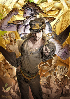 6+boys b.c.n.y. boston_terrier chain cherry_earrings commentary dio_brando dog earrings english_commentary flattop food-themed_earrings food_themed_earrings gakuran hat highres iggy_(jojo) jean_pierre_polnareff jewelry jojo_no_kimyou_na_bouken jojo_pose joseph_joestar joseph_joestar_(old) kakyoin_noriaki kujo_jotaro's_pose kuujou_joutarou mixed-language_commentary mohammed_avdol multiple_boys school_uniform signature stand_(jojo) stardust_crusaders stud_earrings tall_hair terrier_(dog) twitter_username