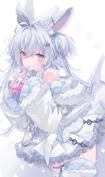 1girl absurdres animal_ear_fluff animal_ears blood blood_bag blue_eyes blue_hair boots bow clock_hands commission cowboy_shot crown_hair_ornament demon_girl demon_wings double-parted_bangs drink drinking drop_shadow frilled_skirt frills fur-trimmed_boots fur-trimmed_jacket fur_trim gradient_background hair_bow hair_intakes heterochromia highres holding holding_drink indie_virtual_youtuber jacket kimino_aruji layered_skirt light_blush long_hair looking_at_viewer mini_wings off_shoulder pocket_watch purple_eyes quilted_jacket rabbit_ears skeb_commission skirt solo thigh_boots thigh_strap twintails_with_hair_base two-sided_fabric two-sided_jacket ukishizumi virtual_youtuber watch white_background white_boots white_jacket white_skirt wings