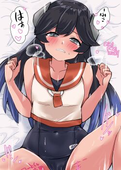 1girl absurdres admiral_(kancolle) black_hair blue_one-piece_swimsuit blush breasts commentary_request headgear heavy_breathing highres i-400_(kancolle) kantai_collection kitahama_(siroimakeinu831) long_hair lying on_bed one-hour_drawing_challenge one-piece_swimsuit open_mouth orange_sailor_collar sailor_collar school_swimsuit sex shirt side-tie_shirt sleeveless sleeveless_shirt small_breasts solo swimsuit tan tanline white_shirt