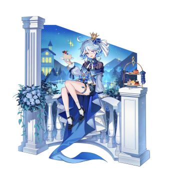 1girl :d ahoge ascot black_shoes blue_ascot blue_bow blue_eyes blue_gem blue_hair blue_pupils bow cake cake_slice commentary crown food furina_(genshin_impact) gem genshin_impact hair_between_eyes hand_up high_heels highres holding holding_plate hydro_symbol_(genshin_impact) long_sleeves medium_hair mini_crown multicolored_hair open_mouth pine_(angel4195202) plate shoes smile solo streaked_hair thigh_strap tiered_tray vision_(genshin_impact) white_hair