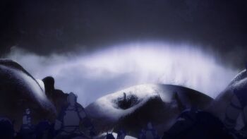 1girl animated animated_gif anime_screenshot arms_at_sides back berserk breasts collarbone completely_nude destruction evil_smile eyelashes falling fantasy female_focus floating_hair from_side giant giantess green_eyes green_hair groin highres huge_filesize large_breasts lips looking_at_viewer looking_to_the_side looking_up matching_hair/eyes mature_female neck night night_sky nipples nude official_art outdoors pale_skin ribs shoulder_blades sideways_glance sky slan_(berserk) slit_pupils smile surreal thighs wavy_hair