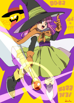 1girl 1other ? ?? adjusting_clothes adjusting_headwear artist_name brown_eyes cape character_name commentary_request copyright_name cosplay dated doofuf dragon_quest dragon_quest_builders_2 dragon_quest_iii dress floating_clothes floating_hair ghost_(dragon_quest) gloves green_dress hair_down hat highres holding holding_staff long_hair looking_at_viewer mage_(dq3) mage_(dq3)_(cosplay) mage_staff orange_cape orange_gloves pink_hair ruru_(dqb2) solo_focus staff strapless strapless_dress two-sided_cape two-sided_fabric white_cape witch_hat