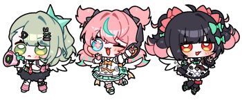 Rule 34 | 3girls, angels of delusion, aqua hair, aqua streaks, aria (zenless zone zero), arm warmers, bag, black hair, black skirt, blue eyes, blush, bow, chibi, chibi only, closed mouth, colored inner hair, commentary, dress, fur-trimmed sleeves, fur trim, green bow, green eyes, green skirt, hair bow, hair ornament, heart, heart hair ornament, highres, holding, holding megaphone, leg warmers, megaphone, multicolored hair, multiple girls, multiple hair bows, multiple hair clips, nangong yu, necktie, nhom (woogi), one eye closed, open mouth, pink arm warmers, pink bag, pink hair, pink leg warmers, quad tails, red necktie, shirt, simple background, skirt, star-shaped pupils, star (symbol), streaked hair, striped arm warmers, striped leg warmers, sunna (zenless zone zero), symbol-shaped pupils, untranslatable commentary, white background, white dress, white shirt, white wings, winged bag, wings, zenless zone zero