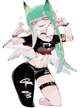 1girl alternate_costume breasts choker commentary_request green_eyes green_hair highres inkling inkling_girl inkling_player_character long_hair looking_at_viewer nintendo open_mouth pointy_ears shirt simple_background smile solo spiked_choker spikes splatoon_(series) tentacle_hair thighhighs usa37107692 white_background