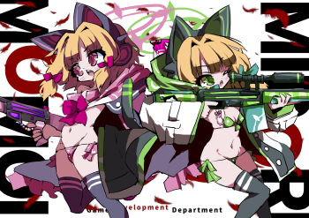 2girls aiming animal_ear_headphones animal_ears bikini black_thighhighs blonde_hair blue_archive breasts cat_ear_headphones cat_ears cat_tail character_name coat commentary_request fake_animal_ears fake_tail good_twins_day green_bikini green_eyes green_halo green_ribbon groin gun hair_intakes halo headphones highres loli low-tied_sidelocks lowleg lowleg_bikini micro_bikini midori_(blue_archive) momoi_(blue_archive) multiple_girls muu_rian navel one_eye_closed open_mouth pink_bikini pink_halo pink_ribbon red_eyes ribbon rifle scope short_hair siblings side-tie_bikini_bottom sidelocks sisters small_breasts stomach swimsuit tail thighhighs thighs twins weapon white_coat