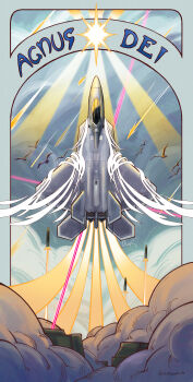 above_clouds absurdres ace_combat ace_combat_04 aircraft airplane ballistic_missile bird cloud f-22_raptor fighter_jet flying highres megalith meteor_shower military_vehicle missile mobius_1 redteapanda sunburst