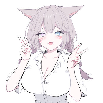 Rule 34 | 1girl, animal ears, blue eyes, blush, braid, braided twintails, breasts, cleavage, commentary request, dot nose, double-parted bangs, double v, facial mark, fangs, final fantasy, final fantasy xiv, grey hair, hands up, heterochromia, highres, large breasts, long hair, looking at viewer, miqo'te, open mouth, original, partially unbuttoned, purple eyes, sena miqo, shirt, short sleeves, simple background, sketch, smile, solo, twin braids, upper body, v, whisker markings, white background, white shirt