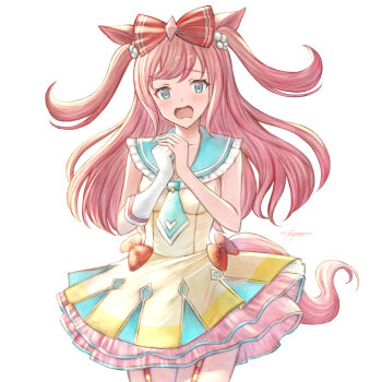 Rule 34 | 1girl, agnes digital (umamusume), animal ears, blue eyes, blue necktie, blue sailor collar, blush, bow, breasts, collarbone, commentary request, dress, garter straps, hair bow, horse ears, horse girl, horse tail, long hair, looking at viewer, mugen kageno, necktie, open mouth, pink hair, prototype design, red bow, sailor collar, simple background, sleeveless, sleeveless dress, small breasts, solo, tail, umamusume, white background, yellow dress