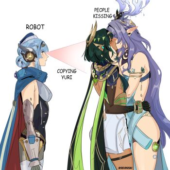 3girls alternate_skin_color bare_arms black_gloves blue_cape blue_leotard blush cape closed_eyes commentary copying_yuri_(meme) dark-skinned_female dark_skin elbow_gloves english_commentary english_text genshin_impact gloves green_hair hand_on_another&#039;s_face highres ineffa_(genshin_impact) kiss lauma_(genshin_impact) leotard long_hair meme multiple_girls nefer_(genshin_impact) pointy_ears purple_hair seijousai simple_background skirt thigh_strap white_background white_skirt yuri