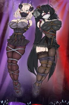 2girls absurdres ameng_(katena1990) anger_vein arms_behind_back azur_lane black_dress black_hair black_pantyhose blonde_hair breasts brown_eyes constricted_pupils crowd dress gag gagged glowstick hanged highres immobilization large_breasts long_hair multiple_girls pantyhose penlight_(glowstick) red_eyes roon_(azur_lane) roon_(muse)_(azur_lane) shibari shibari_over_clothes short_dress skindentation taihou_(azur_lane) taihou_(muse)_(azur_lane) twintails