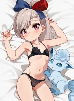 1girl absurdres alolan_form alolan_vulpix black_bra black_panties blush bow bra character_request gen_7_pokemon highres loli luxuriou_s lying navel nintendo on_back panties pokemon pokemon_(creature) underwear underwear_only