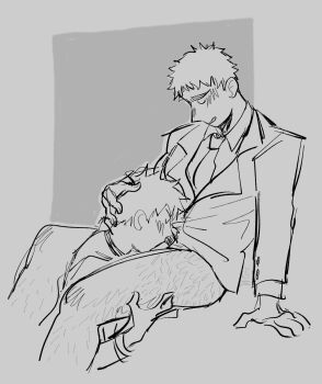 Rule 34 | 2boys, arm support, closed eyes, commentary, deepthroat, english commentary, fellatio, gomibakobaby, grey background, hand on another's head, head grab, highres, leg hair, male focus, mixed-language commentary, mob psycho 100, multiple boys, necktie, oral, parted lips, reigen arataka, serizawa katsuya, sitting, sketch, yaoi