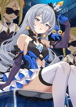 3girls @_@ black_dress blonde_hair bronya_zaychik clothes_lift commission crossed_bangs dress earrings elbow_gloves empty_eyes gloves grey_hair hair_ornament highres honkai_(series) honkai_impact_3rd hypnosis jewelry layered_skirt mind_control multiple_girls open_mouth panties pixiv_commission purple_gloves realdoll sex_doll shimouki_izui sidelocks skirt skirt_flip skirt_lift smile sweat thighhighs underwear white_panties white_skirt white_thighhighs
