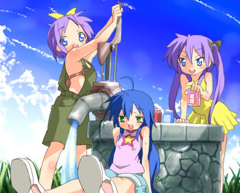00s 3girls ahoge casual cloud day hand_pump hiiragi_kagami hiiragi_tsukasa izumi_konata lucky_star multiple_girls outdoors pump sky sora_to_umi water water_pump well