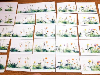 Rule 34 | aoume mimei, black thighhighs, colored pencil (medium), floating, floating hair, flower, frieren, grass, highres, holding, holding staff, long hair, mage staff, miniskirt, orange flower, photo (medium), purple flower, simple background, skirt, sousou no frieren, staff, thighhighs, traditional media, twintails, white background, white hair, white skirt, yellow flower