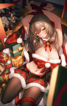 1girl absurdres alternate_costume arms_up bell belt_buckle blush bound bound_arms bow bowtie box breasts brown_hair brown_pantyhose buckle candy candy_cane christmas_ornaments christmas_tree cleavage closed_mouth commentary_request food fur-trimmed_skirt fur_collar fur_trim gift gift_box head_tilt heart_belt_buckle highres honkai:_star_rail honkai_(series) indoors jingle_bell kneeling large_breasts long_hair looking_at_viewer navel neck_bell pantyhose plaid_clothes plaid_skirt red_bow red_bowtie red_skirt skirt solo stelle_(honkai:_star_rail) strapless tied_up_(nonsexual) trailblazer_(honkai:_star_rail) tube_top yellow_eyes yu-cloud