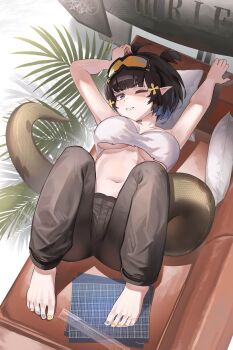 1girl arknights arms_up bare_arms barefoot black_hair blue_hair blue_nails breasts brown_pants camisole collarbone couch eunectes_(arknights) eunectes_(forgemaster)_(arknights) eyewear_on_head flower full_body hashtag-only_commentary highres jambaeng large_breasts light_blush looking_at_viewer lying multicolored_hair multicolored_nails navel on_back on_couch one_eye_closed pants pillow pointy_ears smile solo stomach tail toenails torn_camisole torn_clothes two-tone_hair two-tone_nails white_camisole yellow_flower yellow_nails