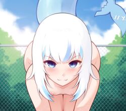1girl :3 animated ass azumanga_daiou bent_over blinking blue_eyes blue_hair blush breasts chain-link_fence closed_eyes collarbone commentary completely_nude cowboy_shot english_text fang female_focus fence fins fish_tail gawr_gura hololive hololive_english live2d long_hair looking_at_viewer looping_animation merrytail multicolored_hair nipples nude outdoors shark_girl shark_tail small_breasts smile solo streaked_hair tail tree video virtual_youtuber white_hair