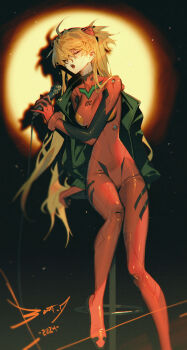 1girl 2024 absurdres arm_out_of_sleeve arm_support bart._d bodysuit breasts closed_eyes covered_navel foot_out_of_frame green_jacket hair_over_one_eye highres holding holding_microphone interface_headset_(evangelion) jacket lipgloss long_hair mecha_pilot_suit medium_breasts microphone neon_genesis_evangelion number_print one_eye_covered open_mouth orange_hair plugsuit_(evangelion) red_bodysuit signature solo souryuu_asuka_langley spotlight two_side_up