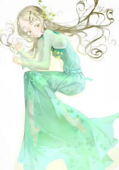 Rule 34 | 1girl, absurdres, aqua dress, barefoot, dress, fetal position, flower, full body, gakuen idolmaster, grey hair, hair spread out, highres, idolmaster, long hair, looking at viewer, orange eyes, parted lips, see-through clothes, see-through dress, shinosawa hiro, solo, superhoikoro