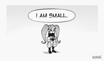 1girl abstract_background aiba_manami artist_name belt black_boots black_shirt boku_no_hero_academia boots bow english_text full_body gloves greyscale kooni la_brava long_hair monochrome no_mouth no_nose no_pupils pants plankton_(character) shadow shirt solo speech_bubble spongebob_squarepants_(series) twintails very_long_hair white_belt white_bow white_gloves white_pants