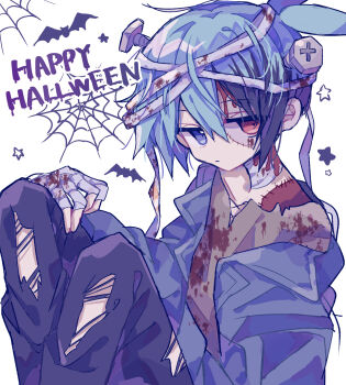 1boy absurdres bandaged_arm bandaged_neck bandages black_pants blood blood_on_clothes blue_eyes blue_hair blue_jacket closed_mouth commentary_request double-parted_bangs feet_out_of_frame futaba969649 grey_shirt hair_between_eyes halloween hand_up happy_halloween heterochromia highres jacket long_sleeves looking_at_viewer male_focus object_through_head open_clothes open_jacket pants puyopuyo red_eyes screw_in_head shirt short_hair sig_(puyopuyo) simple_background sitting solo star_(symbol) torn_clothes torn_pants white_background