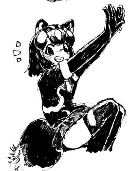 1girl :d animal_ears arms_up blush commentary elbow_gloves exptccoiff3wmok from_side gloves greyscale grin highres kemono_friends looking_at_viewer looking_to_the_side monochrome multicolored_hair necktie notice_lines open_mouth pleated_skirt shirt short_hair short_sleeves simple_background sitting skirt skunk_ears skunk_girl skunk_tail smile solo spotted_skunk_(kemono_friends) tail thighhighs vest white_background