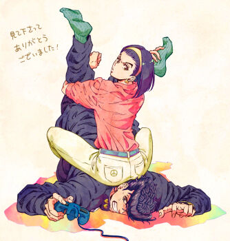 1boy 1girl ass bad_id bad_pixiv_id controller frown game_console higashikata_josuke higashikata_tomoko jojo_no_kimyou_na_bouken lammydks mature_female mother_and_son pain sitting sitting_on_person uchiyama_lammy wrestling