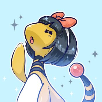 ampharos black_hair blue_background bow bow_hairband closed_eyes clothed_pokemon gen_2_pokemon hairband nintendo no_humans open_mouth pokemon pokemon_(creature) pownchao red_bow short_hair sitting solo sparkle tail two-tone_fur upper_body white_fur white_hairband wig yellow_fur
