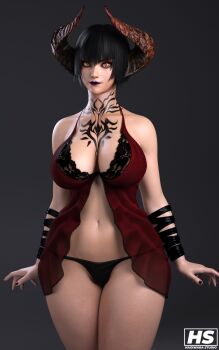 1girl 3d absurdres bare_shoulders black_hair bracelet breasts chest_tattoo cleavage collarbone cowboy_shot demon_horns eliza_(tekken) hagiwara_studio highres horns jewelry large_breasts lingerie looking_at_viewer makeup navel panties purple_lips red_nails short_hair slit_pupils smile solo standing tattoo tekken tekken_7 thick_thighs thighs underwear vampire wide_hips yellow_eyes