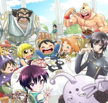 6+boys :d abs animal animal_on_head arms_up baby_panther beef black_hair blonde_hair bojji borongo bowl cake chair child chopsticks cloak code_geass commentary_request creature crossover crown cup day desert dragon_ball dragon_quest dragon_quest_v extra_faces facial_hair food gamigami_maou_(artist) gash_bell gintama grim_(dai_nana_oji) grin hair_between_eyes hand_up happy hero_(dq5) highres holding holding_bowl holding_chopsticks kage_(ousama_ranking) kinnikuman kinnikuman_(character) konjiki_no_gash!! lelouch_vi_britannia lloyd_de_saloum long_hair looking_at_viewer male_focus multiple_boys multiple_crossover muscular muscular_male mustache on_head open_mouth orange_hair ousama_ranking outdoors petals philionel_el_di_seyruun photobomb pietro_pakapuka pillar plate popolocrois prince prince_hata puffy_short_sleeves puffy_sleeves purple_cloak purple_eyes purple_hair purple_headwear robot school_uniform short_sleeves sitting slayers smile sparkle spiked_hair standing tea tea_party tea_set teacup teapot tensei_shitara_dai_nana_oji_datta_no_de:_kimama_ni_majutsu_o_kiwamemasu tentacles topless_male toy trait_connection turban twitter_username v vegeta wristband yellow_eyes