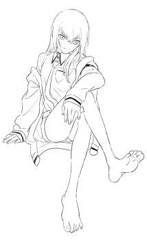 Rule 34 | 1girl, bare legs, barefoot, blush, breast pocket, breasts, closed mouth, crossed legs, feet, foot focus, full body, hair between eyes, highres, jacket, legs, long hair, long sleeves, looking at viewer, makise kurisu, monochrome, no legwear, open clothes, pocket, rocni, science adventure, shirt, simple background, sitting, smile, soles, solo, steins;gate, toenails, toes, white background