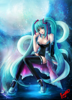 1girl absurdres aqua_hair artist_name black_thighhighs breasts choker detached_sleeves female_focus green_eyes hair_ribbon hatsune_miku high_heels highres jewelry large_breasts legs long_hair long_legs necklace rayka ribbon shoes sitting solo thighhighs thighs twintails very_long_hair vocaloid zettai_ryouiki