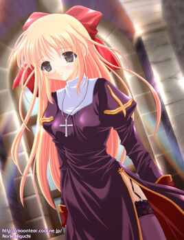 1girl 2000s_(style) arch artist_name blonde_hair blush bow breasts closed_mouth commentary_request cowboy_shot cross cross_necklace dated_commentary dress garter_straps grey_eyes hair_bow higuchi_norie indoors jewelry juliet_sleeves lace lace-trimmed_thighhighs lace_trim long_hair long_sleeves looking_at_viewer medium_breasts necklace nun priest priest_(ragnarok_online) priestess puffy_sleeves purple_dress purple_thighhighs ragnarok_online red_bow side_slit smile solo thighhighs watermark web_address
