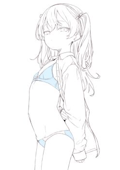 1girl blue_bra blue_panties bra collared_shirt commentary_request expressionless flat_chest girls_und_panzer highres lineart long_hair looking_at_viewer navel one_side_up open_clothes open_shirt osanai_sanday panties shimada_arisu shirt simple_background solo spot_color underwear