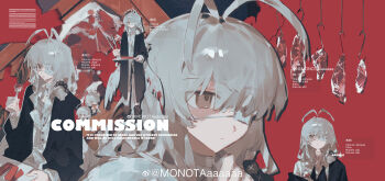 1girl absurdres angel_wings antenna_hair black_coat blood bloody_wings boots brown_boots brown_hair button_hair_ornament buttons chinese_commentary chopsticks closed_mouth coat commentary_request commission cowboy_shot dress_shirt eating expressionless eyepatch feathered_wings food fork full_body grey_hair grey_pants hair_over_one_eye hair_over_shoulder hand_on_own_chin highres holding holding_chopsticks holding_fork holding_plate hook jewelry layered_sleeves long_hair long_sleeves low_wings meat medical_eyepatch monota02 multiple_views necklace open_clothes open_coat original pants plate red_background sample_watermark shirt sitting upper_body watermark weibo_watermark white_shirt white_wings wings