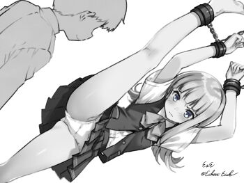 1boy 1girl age_difference blunt_bangs bound bound_wrists collared_shirt cuffs dress_shirt dutch_angle eckert&amp;eich faceless faceless_male greyscale hatsukaze_(kancolle) highres kantai_collection leg_up long_hair monochrome onee-shota panties pleated_skirt shackles shirt skirt split standing standing_on_one_leg standing_split underwear vest