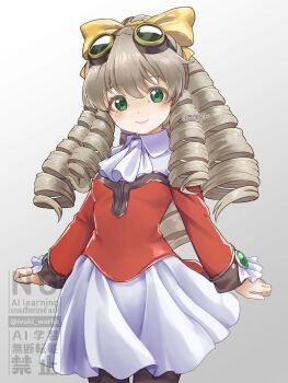 Rule 34 | 1girl, absurdres, ascot, blush, bow, brown hair, collared dress, commentary request, cowboy shot, dress, drill hair, goggles, goggles on head, green eyes, grey background, hair bow, highres, ivuki, long hair, long sleeves, looking at viewer, maria balthasar, pantyhose, ponytail, red shirt, ringlets, shirt, shirt over dress, smile, solo, watermark, white ascot, white dress, xenogears, yellow bow