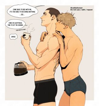2boys adam_parrish black_hair black_male_underwear blonde_hair blue_eyes blue_male_underwear body_freckles boxer_briefs briefs buzz_cut catbishonen closed_eyes coffee coffee_pot couple cowboy_shot cup english_text freckles from_side grey_background highres holding holding_cup male_focus male_underwear morning_after multiple_boys nipples ronan_lynch short_hair simple_background sleepy smile speech_bubble steam the_raven_cycle toned toned_male topless_male underwear underwear_only very_short_hair yaoi