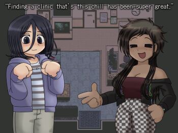 Rule 34 | 1girl, 1other, adriana ortega, angel martinez, blush, breasts, cleavage, clinical trial (game), dark-skinned female, dark skin, eyeshadow, highres, higurashi no naku koro ni, homunculus100, hood, hoodie, in-universe location, long hair, makeup, medium hair, open mouth, pants, ryukishi07 (style), scene cut, scene fashion, shirt, smile, v