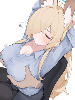 1girl animal_ears blonde_hair blue_archive blue_shirt breasts cleavage disembodied_hand dog_ears dress_shirt extra_ears grabbing_another&#039;s_breast grey_skirt groping hair_over_one_eye halo highres kanna_(blue_archive) large_breasts long_hair long_sleeves mikozin necktie pencil_skirt shirt skirt
